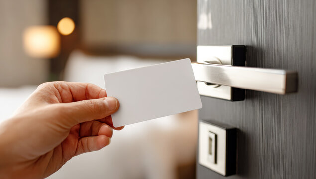 Hand holding blank keycard opening hotel room door, accessing hospitality accommodation, contactless check-in security