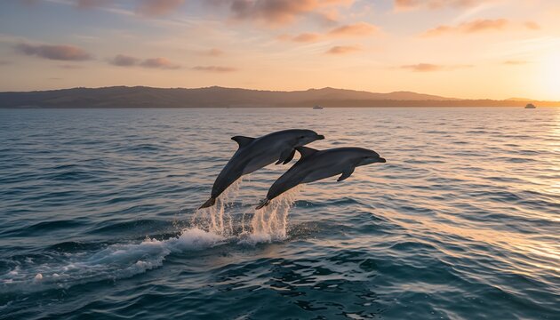 Two dolphins leaping from ocean waves with a beautiful sunset in the background