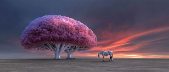 Surreal Pink Tree And Lone White Horse At Sunset Over Dreamlike Minimal Landscape