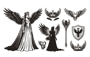 Fototapeta premium Black White Halftone Evil Queen Crow Wings Fantasy Set 8 Sketch Coloring Book Print-Dark Royal Villain Fairytale Vector Set