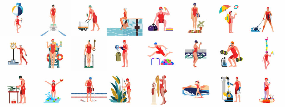 Collection of diverse flat design illustrations representing swimming, water sports, pool activities, and maintenance tasks with various characters.