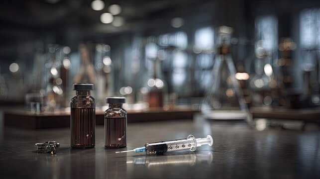Medical vials and a loaded hypodermic instrument rest on a dark surface in a dimly lit laboratory setting