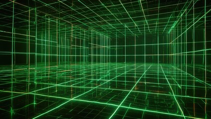 Obraz premium Neon green wireframe grid forms an infinite, dark digital space