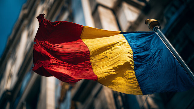 romanian flag waving in the wind. flag of romania in city