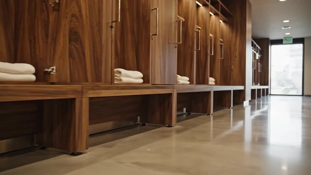 Slow cinematic dolly shot gliding past a long row of clean modern wooden lockers inside a pristine professional sports changing room facility, organization, preparation