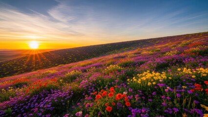 Obraz premium Golden hour illuminates a hillside covered in vibrant wildflowers