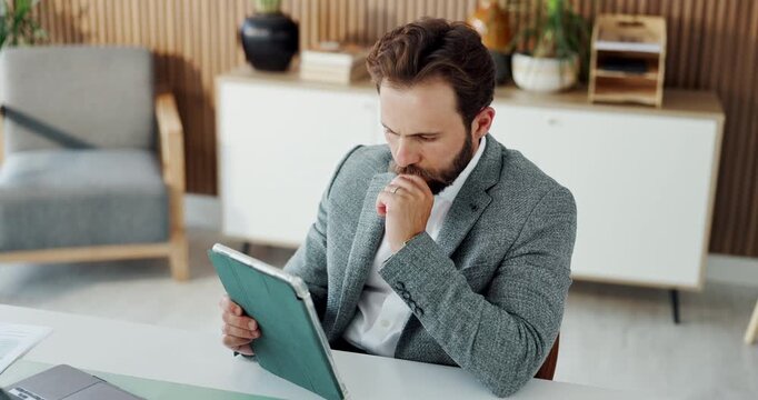 Business, tablet and man in office, thinking and email for article submission, ideas and solution. Person, copywriting or journalist in workplace, tech and digital app for column, decision or reading