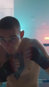 Intense Boxing Training and Fight: Professional Boxers Sparring in Ring, Close-up Portraits, Jumping Rope, Push-ups, and Cinematic Gym Workout Sessions with Athletic Men.