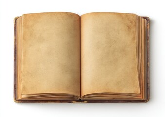 An open, antique-looking book with blank, aged pages on a white background