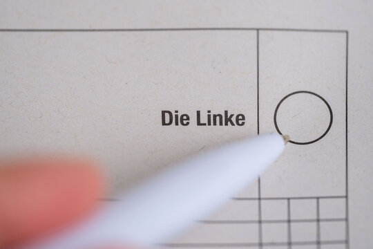 Closeup German ballot paper Die Linke party name, empty voting circle, voter decision point, left-wing political participation, ideological diversity Germany&rsquo;s multi-party parliamentary democracy