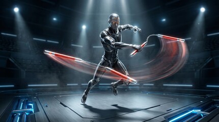 Humanoid combat action futuristic arena digital art sci-fi environment dynamic perspective high-quality visuals