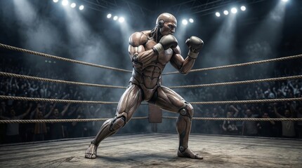 Humanoid boxing match arena high-quality image intense spotlight action and emotion captured