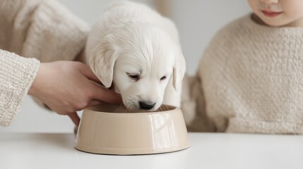 Adorable puppy eating from bowl with loving family in cozy setting