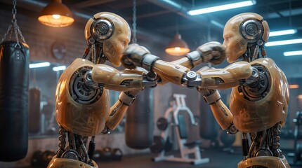 Humanoid robots engage in combat training futuristic gym high-quality image dynamic environment close-up perspective