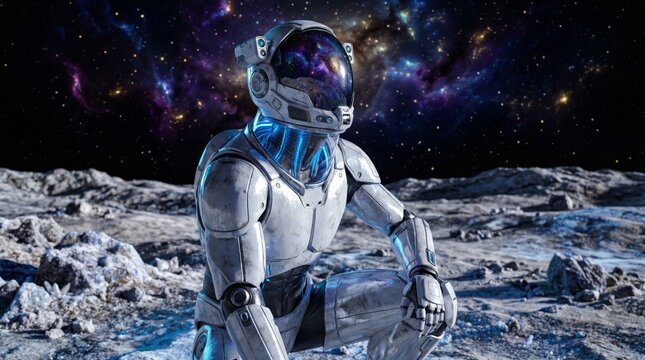 Humanoid robot explorer lunar surface futuristic sci-fi scene outer space close-up view advanced technology concept