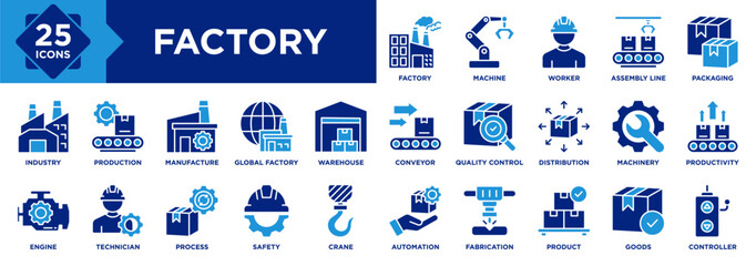 Factory icon set collection. Containing industry, production, machine, manufacture, warehouse, fabrication, goods