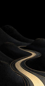 A golden road winds through textured black hills under a starless sky