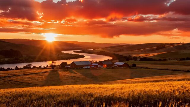 Stunning Sunrise Over Tranquil Rural Landscape with Dramatic Warm Golden Colors