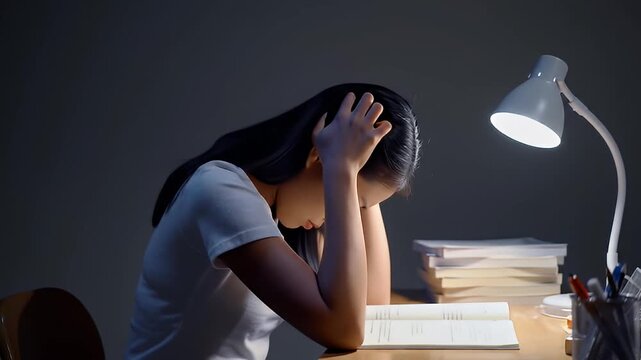 Tired student with head in hands under lamp near books studies on a wooden desk