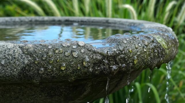 Close-up of stone bird bath filled with water and water droplets in garden setting.