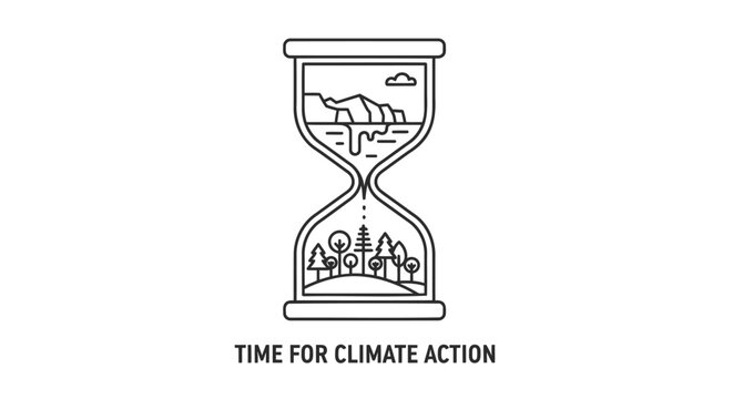 Climate change awareness icon with hourglass and nature, time for action. Includes eco, environment, sustainability, and conservation symbols. Created in line style with black and white palette.