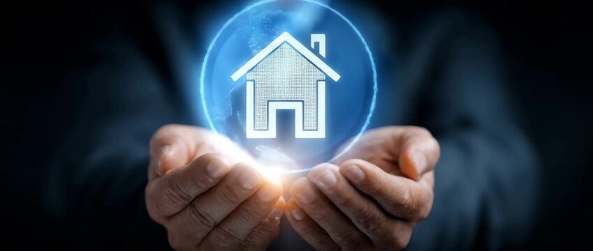 Home insurance protection concept. House icon protected between two hands