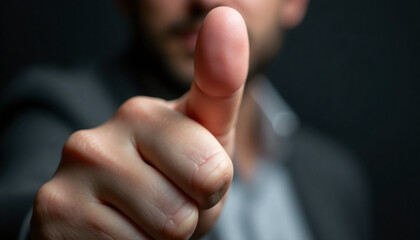 Obraz premium Confident businessman pointing with finger towards camera in professional setting. Gesture conveys authority and determination in business communication.