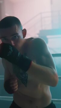 Intense Boxing Training and Fight: Professional Boxers Sparring in Ring, Close-up Portraits, Jumping Rope, Push-ups, and Cinematic Gym Workout Sessions with Athletic Men.