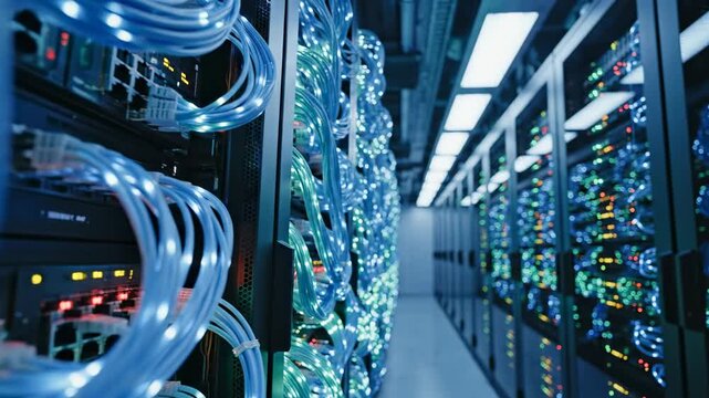 Slow cinematic dolly shot moving along a massive row of complex data center server racks dense with glowing blue and green fiber optic patch cables network security, telecommunications, server room