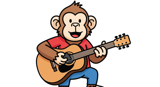 Cartoon monkey playing acoustic guitar with cheerful expression.