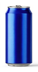 A shiny, cobalt blue aluminum can, cylindrical, with a silver pull tab, against white