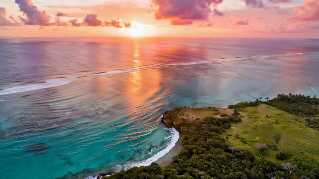 Scenic Aerial Filming of a Beautiful Sunset over Turquoise Seas and Lush Green Landscapes