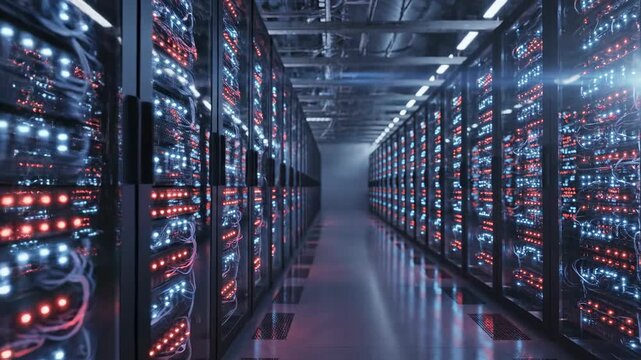 Slow cinematic dolly shot moving past rows of intensely humming and blinking blue and red LED lights inside a massive corporate server room infrastructure server rack, cold room, computer
