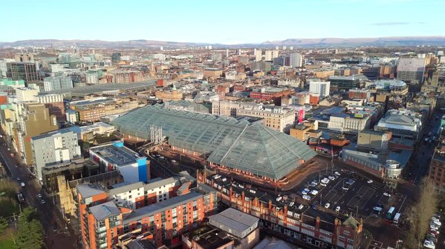 Glasgow Scotland: 13th Feb 2026: Glasgow city centre drone view of skyline near Glasgow Central Station and St Enoch