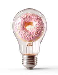A frosted donut, with sprinkles, inside a lightbulb against a white backdrop