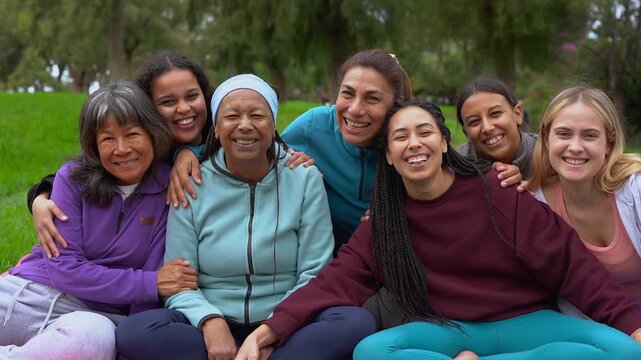 Group of happy multiracial women circle smiling on camera outdoor - Female multi generational community, support and diversity concept