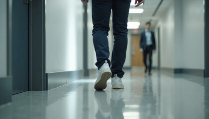 Obraz premium Professional man walking in corridor with polished floors, casual footwear and stylish pants. Modern workplace hallway reflects a productive atmosphere as individuals navigate office space.