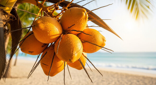 fresh king coconuts bunch hanging on a palm tree at a tropical beach