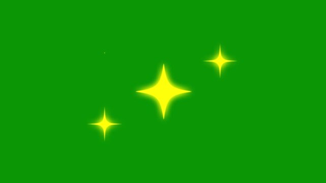 Retro shine movement stars, twinkling glitter sparkle animation, 4K white cartoon blinking stars, glowing starburst light effect, flat vector doodle sparkle on green screen. 4K loop animation