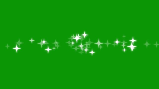 White glowing twinkle star animation with sparkling glitter dust trail, retro vector star doodles and magic particle burst, 2d flat sparkle effect overlay on green screen high quality 4k.
