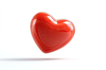 Fototapeta premium A glossy, red heart floats against a white background, casting a subtle shadow