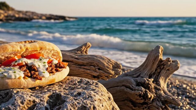 Coastal Culinary Delight: A tempting sandwich rests on a rustic rock formation by the sea, the clear waters and driftwood enhancing the scene