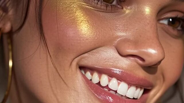Close up of a woman's face with golden highlighter applied to cheekbones and forehead