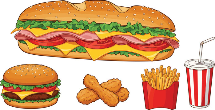 Fast Food Vector Set with Sub Sandwich, Cheeseburger, Fried Chicken, French Fries and Soda Drink Isolated on White Background