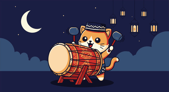 Cute cat wearing peci beating bedug drum Eid al-Fitr vector