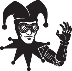 Jester robot with goggles and prosthetic arm