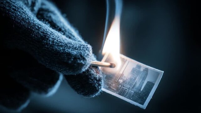 Match ignites a small glass plate with futuristic city illustration