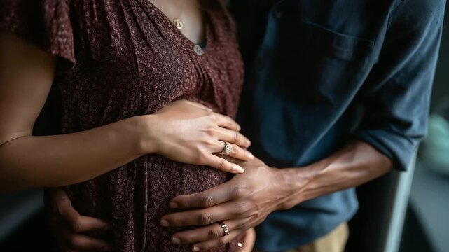 Faceless African American pregnant couple with hands on belly, diverse maternity bonding, multicultural prenatal support, inclusive pregnancy lifestyle, partnership during
