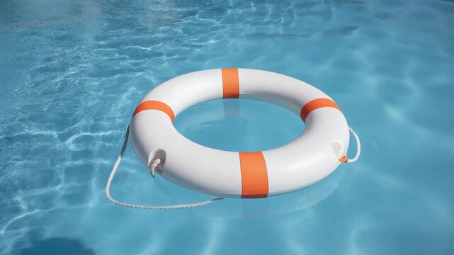 White and orange lifebuoy floating on clear blue swimming pool water for safety and rescue