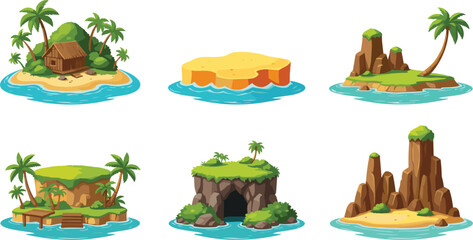 Tropical Island Cartoon Vector Set with Palm Trees, Beach Hut, Rocky Cliffs, Cave Entrance and Ocean Water Landscape Elements © MdSoleman